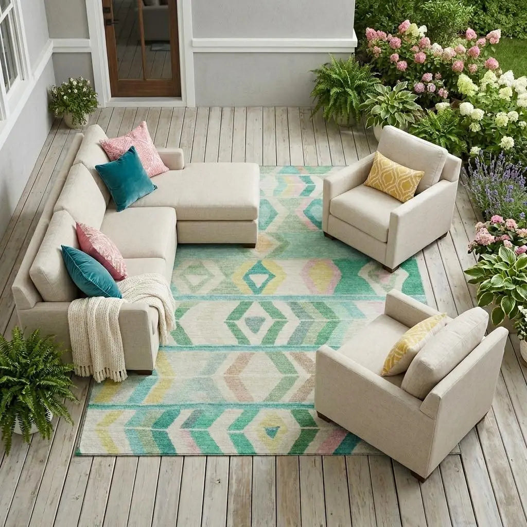 8' X 10' Turquoise And Teal Blue Tribal Washable Indoor Outdoor Area Rug Homeroots Outdoor