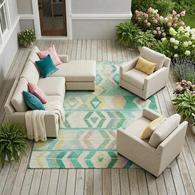 8' X 10' Turquoise And Teal Blue Tribal Washable Indoor Outdoor Area Rug Homeroots Outdoor