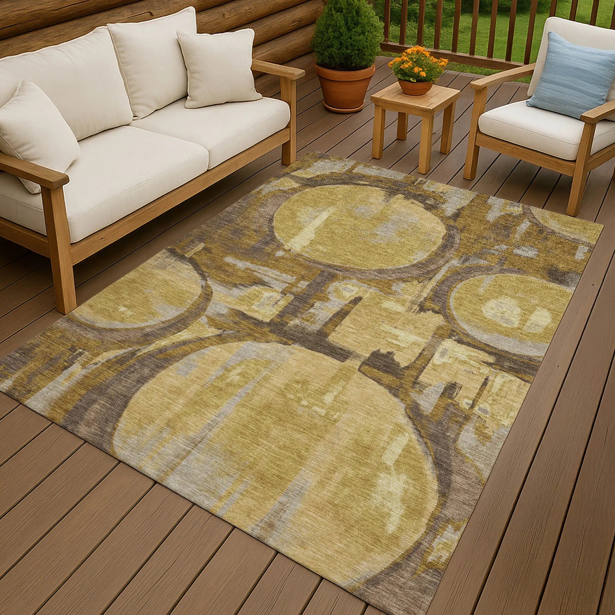 8' X 10' Walnut And Gold Abstract Washable Indoor Outdoor Area Rug Homeroots Outdoor