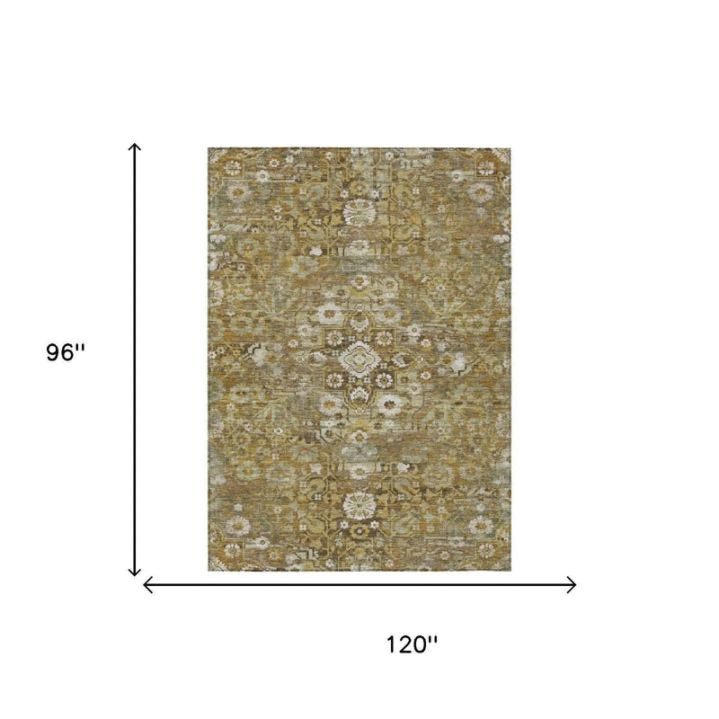 8' X 10' Walnut And Gold Floral Medallion Washable Indoor Outdoor Area Rug Homeroots Outdoor