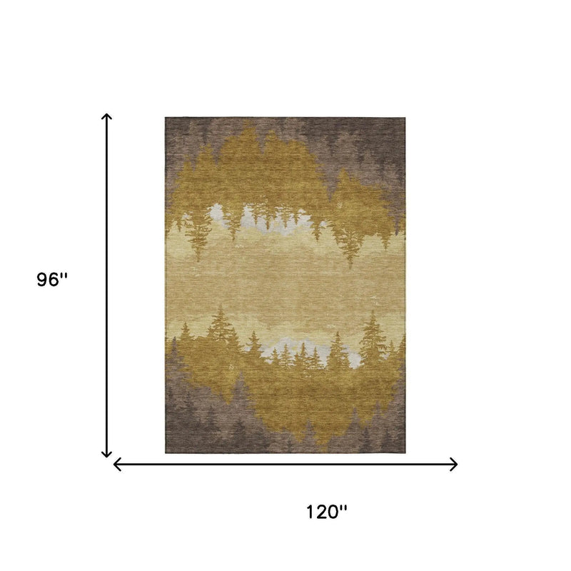 8' X 10' Walnut And Gold Floral Washable Indoor Outdoor Area Rug Homeroots Outdoor