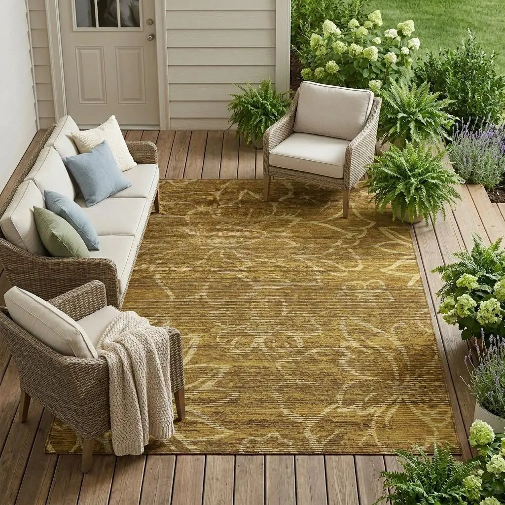 8' X 10' Walnut And Gold Floral Washable Indoor Outdoor Area Rug Homeroots Outdoor