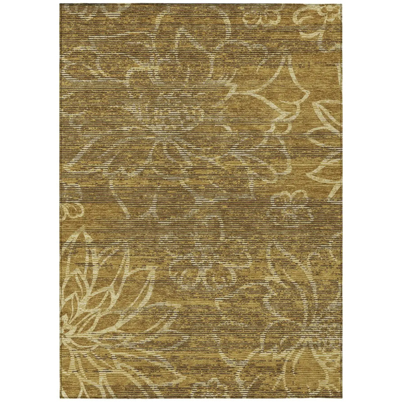 8' X 10' Walnut And Gold Floral Washable Indoor Outdoor Area Rug Homeroots Outdoor