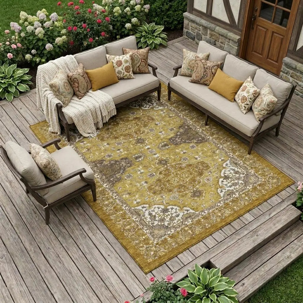 8' X 10' Walnut And Gold Oriental Washable Indoor Outdoor Area Rug Homeroots Outdoor