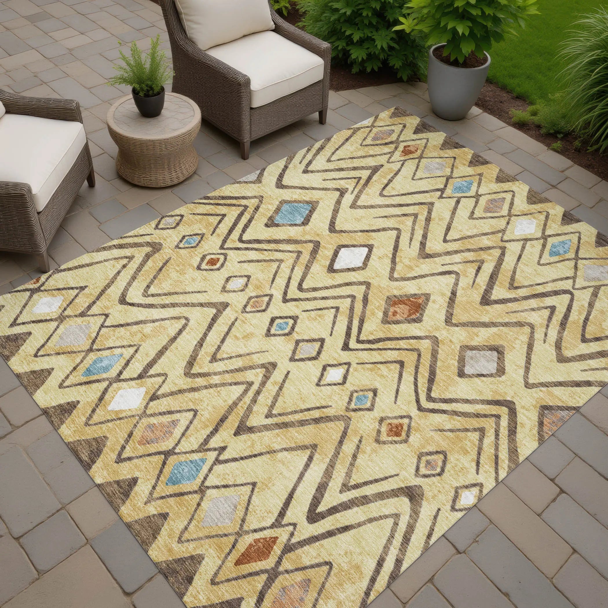 8' X 10' Wheat And Brown Geometric Washable Indoor Outdoor Area Rug Homeroots Outdoor