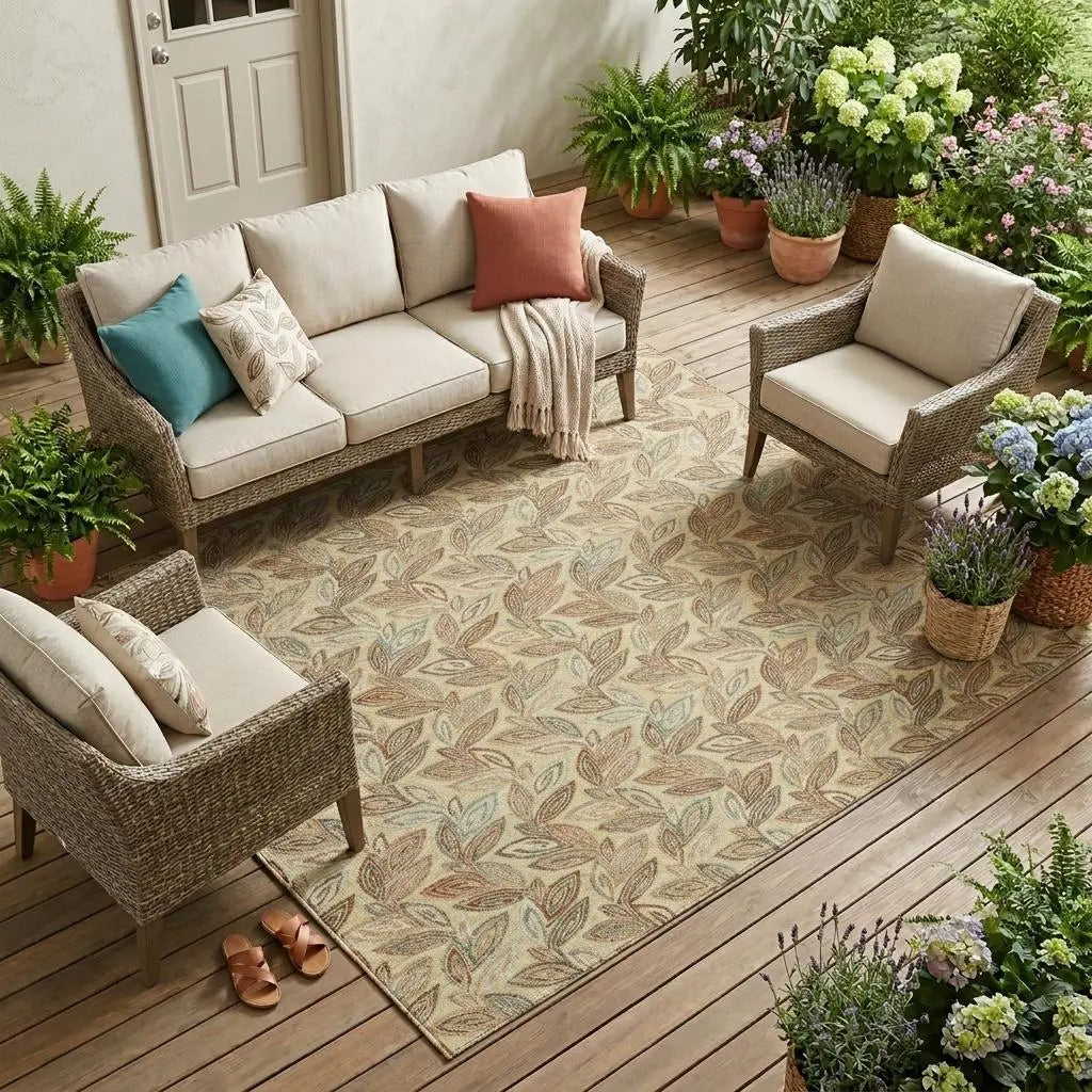 8' X 10' Wheat And Gold Botanical Leaves Washable Indoor Outdoor Area Rug Homeroots Outdoor