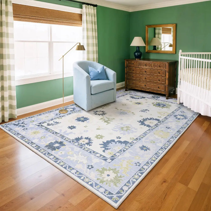 8' X 10' White And Blue Oriental Washable Area Rug Homeroots Home Decor
