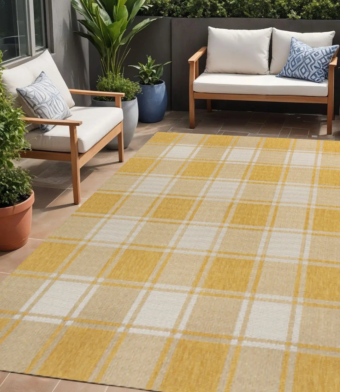 8' X 10' Yellow And Cream Gingham Indoor Outdoor Area Rug Homeroots Outdoor
