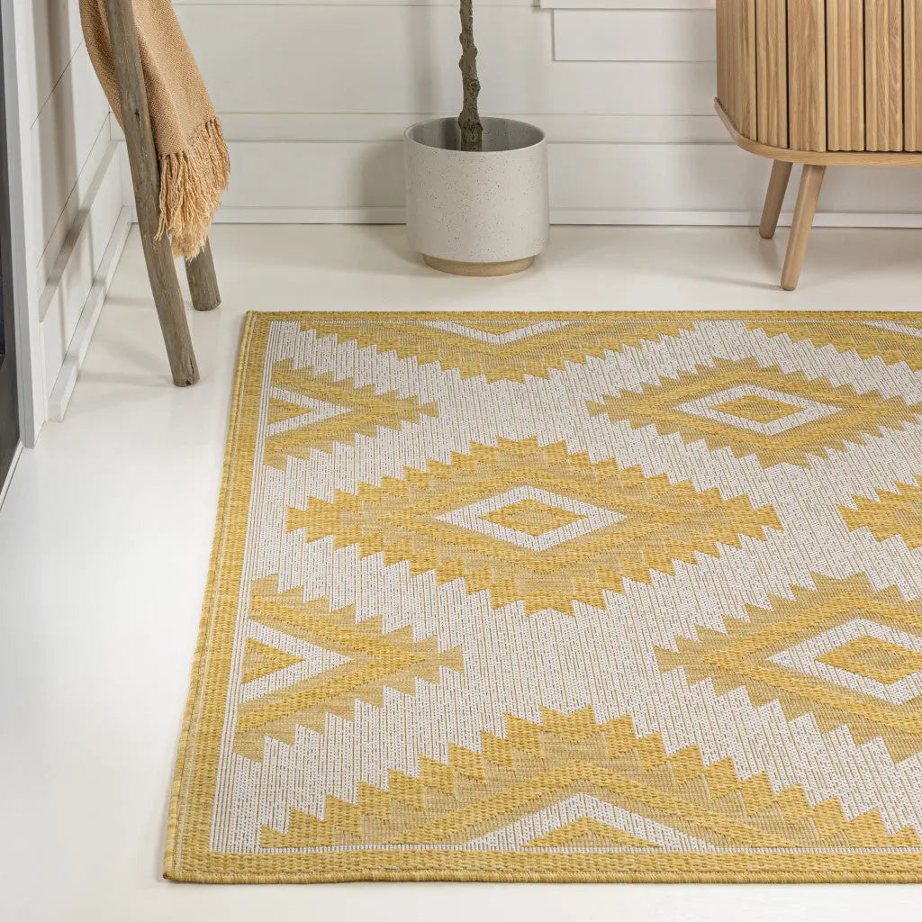 8' X 10' Yellow And Cream Moroccan Indoor Outdoor Area Rug - GreatEagleInc