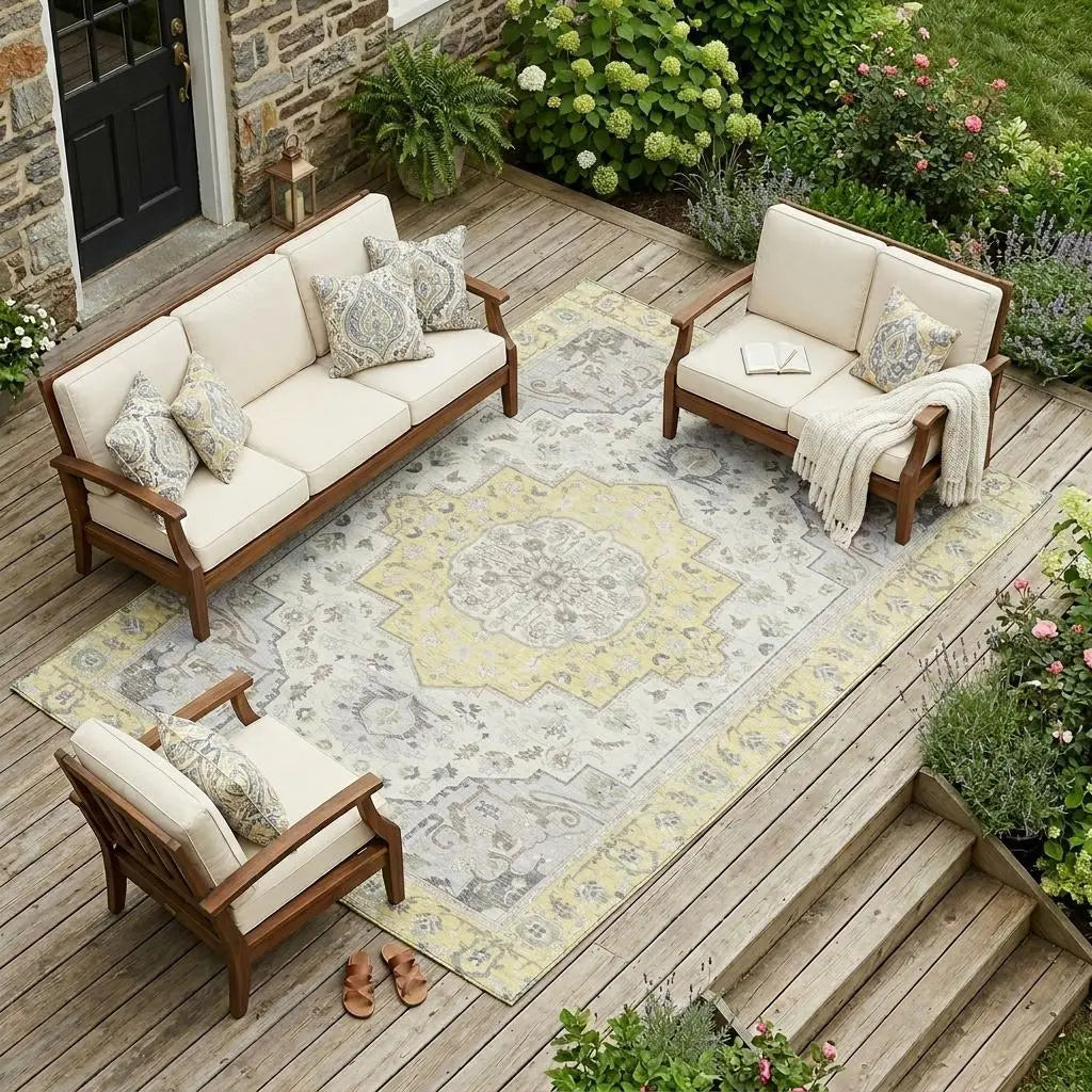 8' X 10' Yellow And Purple Oriental Washable Indoor Outdoor Area Rug Homeroots Outdoor