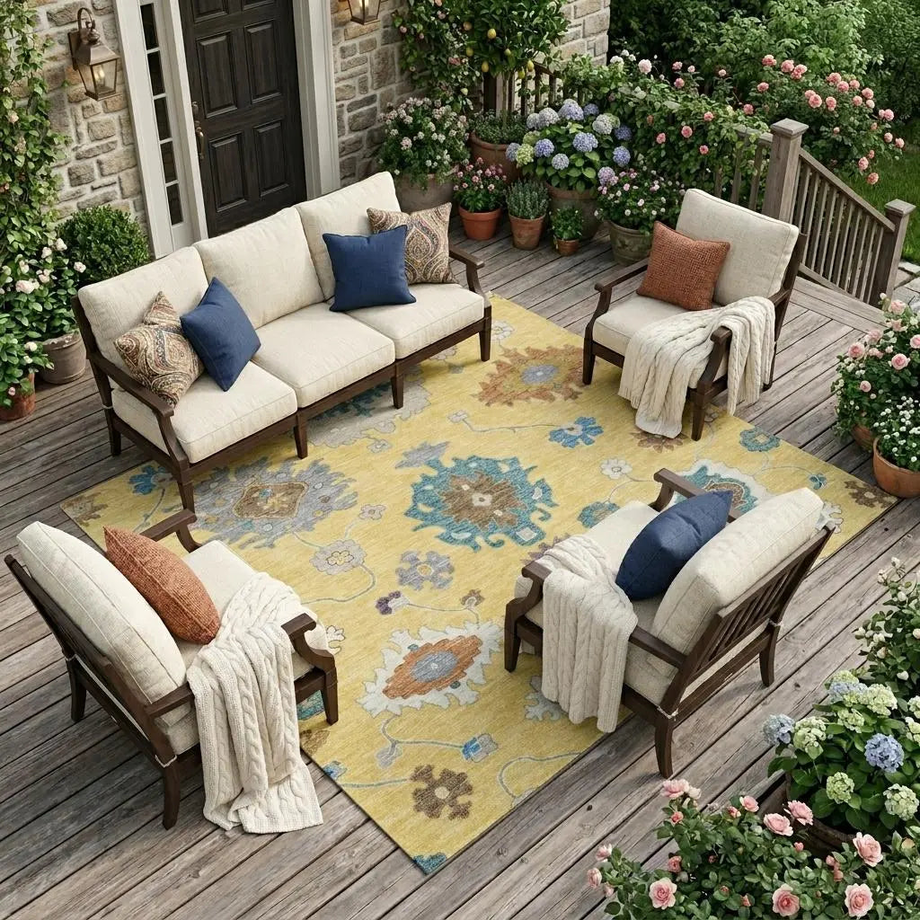 8' X 10' Yellow And Teal Blue Oriental Washable Indoor Outdoor Area Rug Homeroots Outdoor