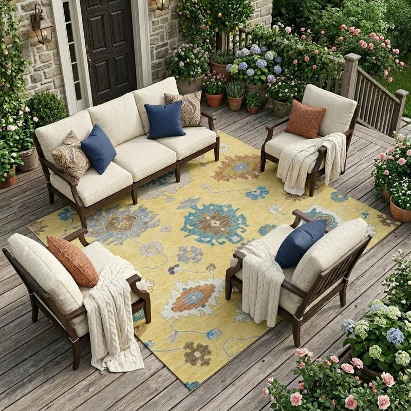 8' X 10' Yellow And Teal Blue Oriental Washable Indoor Outdoor Area Rug Homeroots Outdoor