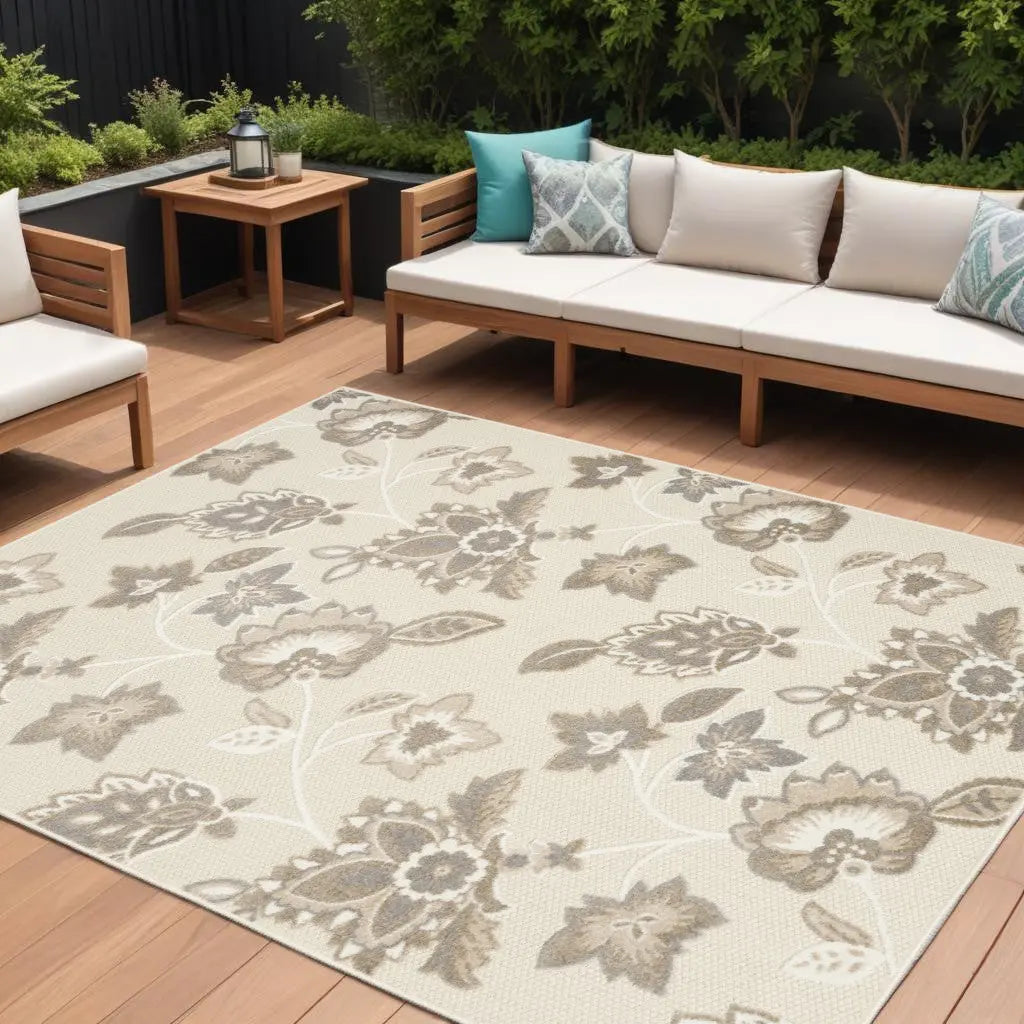 8' X 11' Beige Floral Non Skid Indoor Outdoor Area Rug Homeroots Outdoor