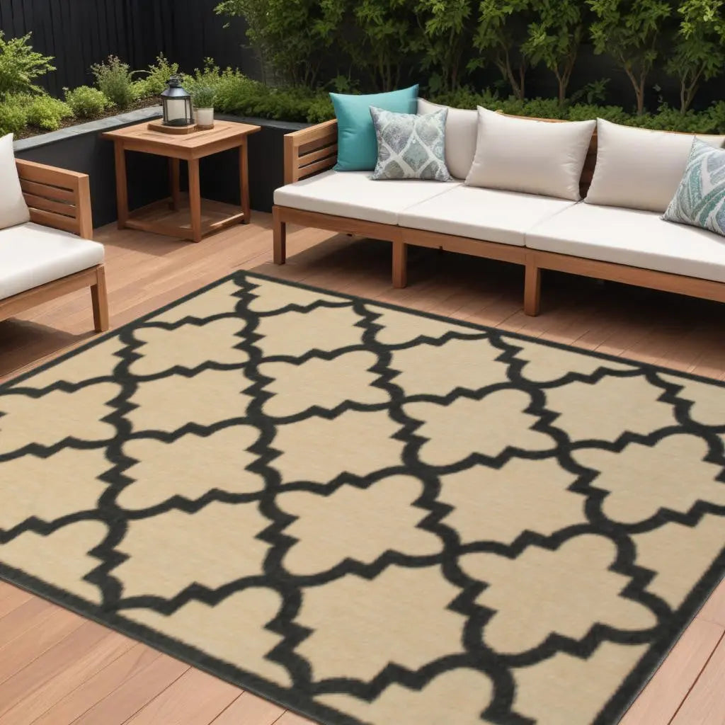8' X 11' Beige and Black Geometric Stain Resistant Indoor Outdoor Area Rug Homeroots Outdoor