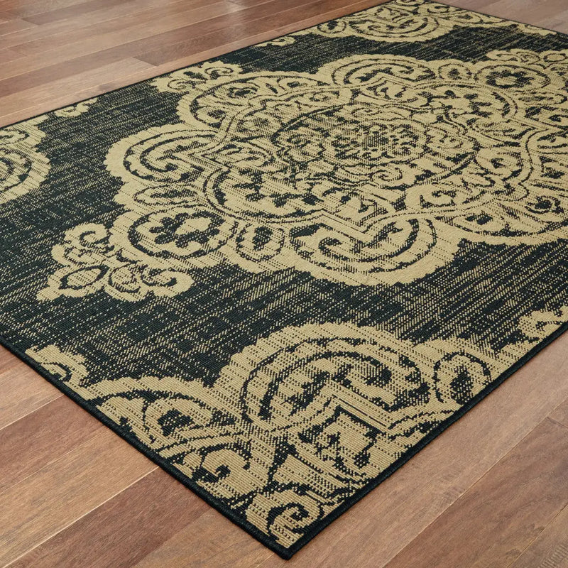 8' X 11' Black and Tan Oriental Stain Resistant Indoor Outdoor Area Rug Homeroots Outdoor