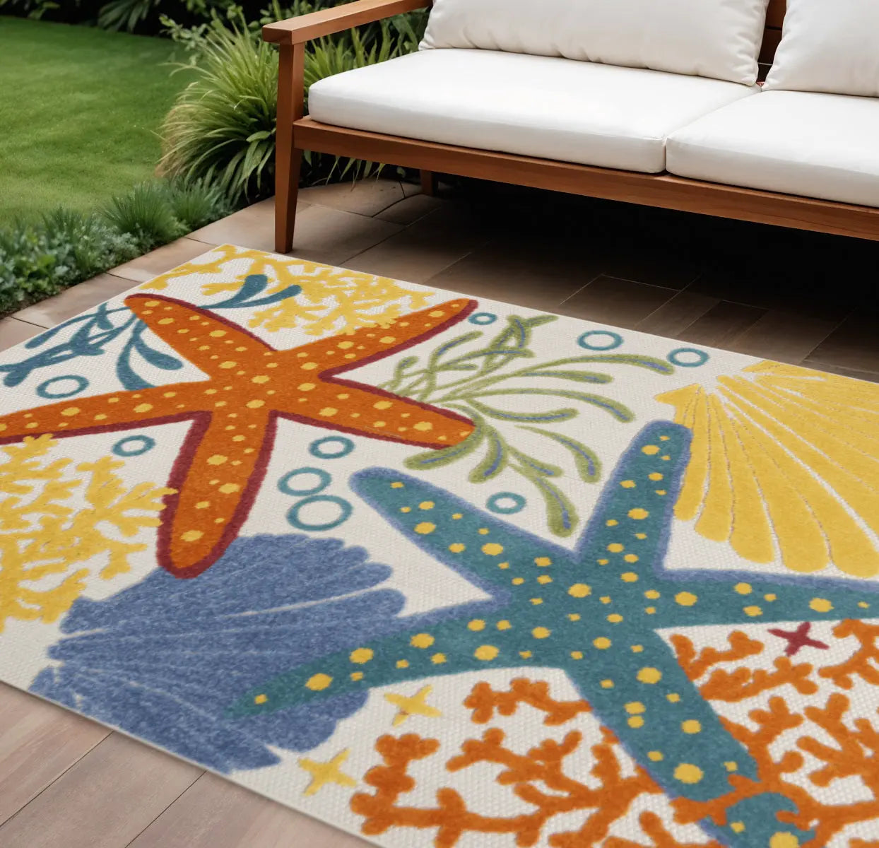 8' X 11' Blue And Yellow Starfish Indoor Outdoor Area Rug Homeroots Outdoor