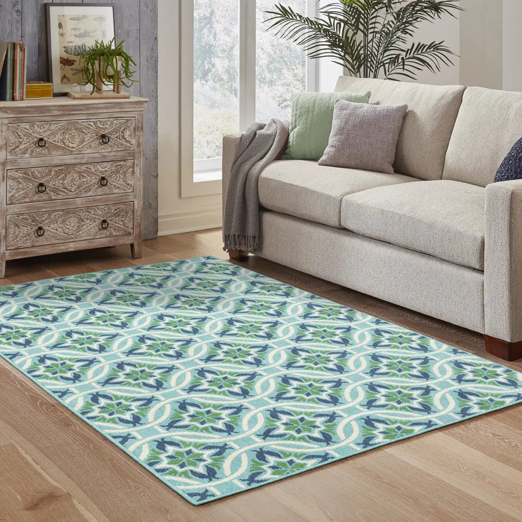 8' X 11' Blue and Green Geometric Stain Resistant Indoor Outdoor Area Rug Homeroots Outdoor