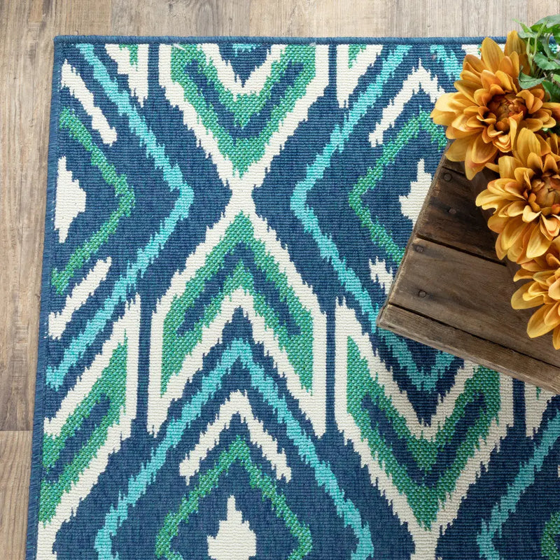 8' X 11' Blue and Ivory Geometric Stain Resistant Indoor Outdoor Area Rug Homeroots Outdoor