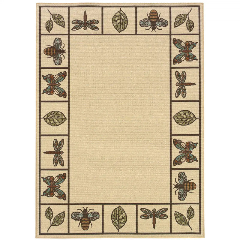 Beige outdoor rug with leaf and insect pattern, made of durable polypropylene, perfect for patios and gardens.