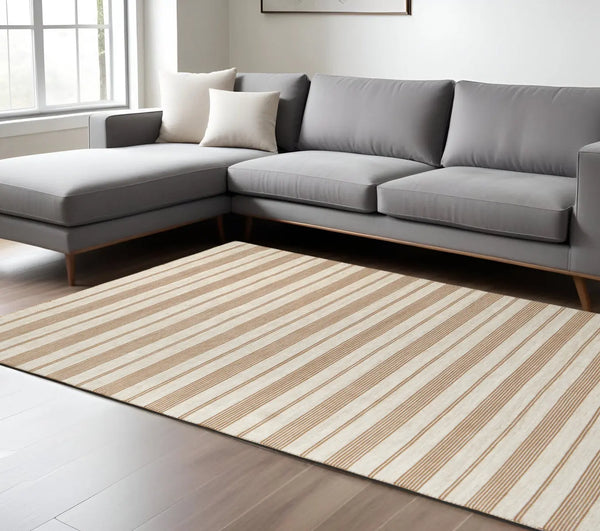 8' X 11' Brown and Ivory Striped Hand Woven Area Rug Homeroots Outdoor
