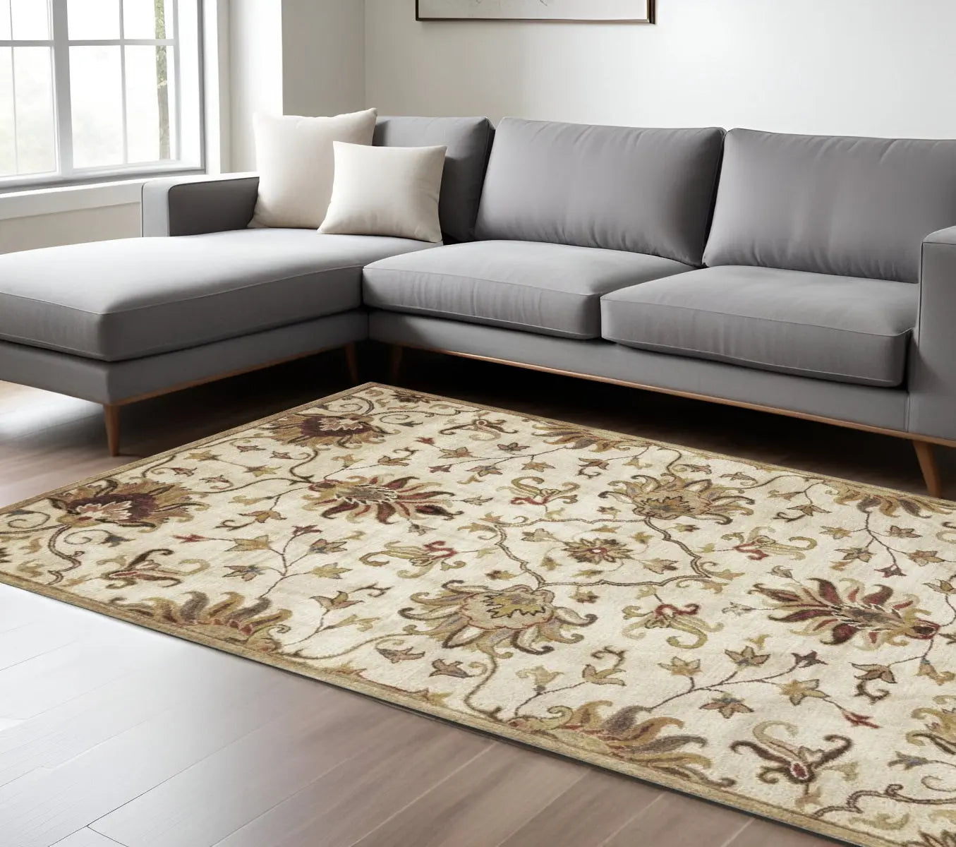 8' X 11' Champagne Red And Brown Wool Floral Medallion Hand Tufted Area Rug Homeroots Home Decor