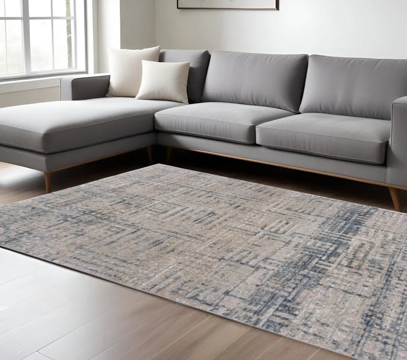 8' X 11' Cream Blue And Ivory Geometric Distressed Stain Resistant Area Rug Homeroots Home Decor
