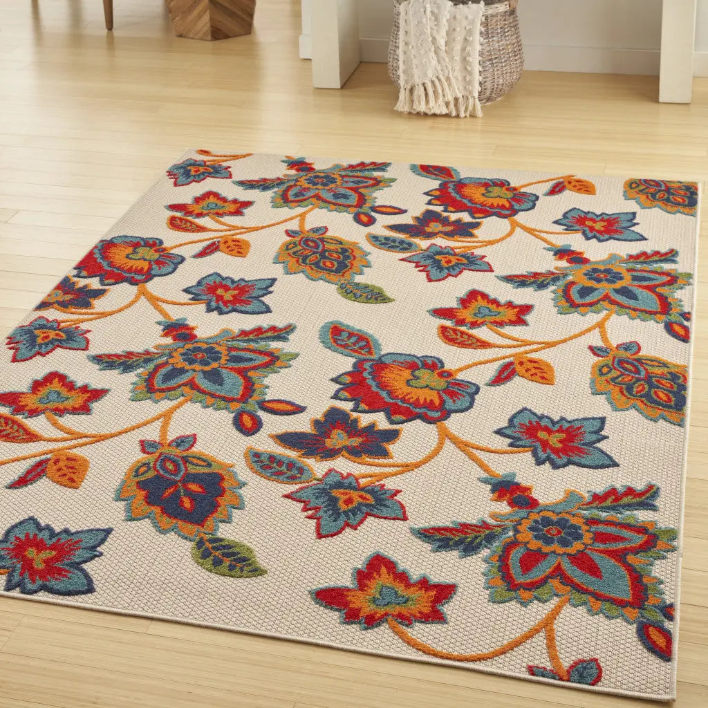 8' X 11' Gray Blue and Orange Floral Non Skid Indoor Outdoor Area Rug Homeroots Outdoor