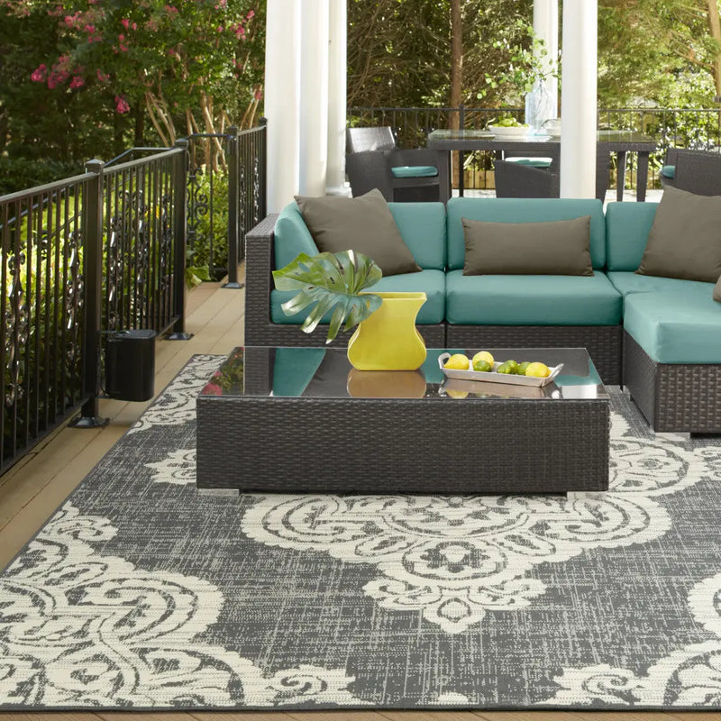 8' X 11' Gray and Ivory Oriental Stain Resistant Indoor Outdoor Area Rug Homeroots Outdoor