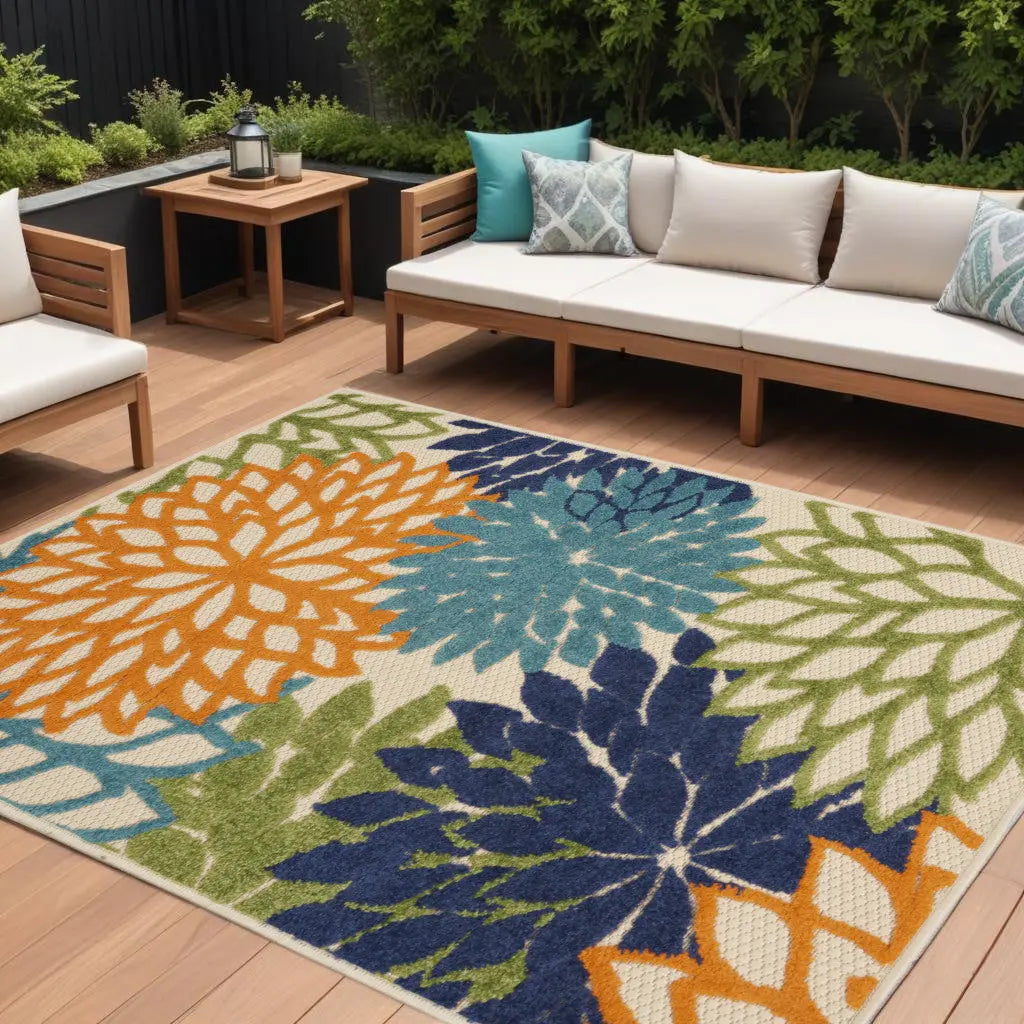 8' X 11' Ivory And Blue Indoor Outdoor Area Rug Homeroots Outdoor