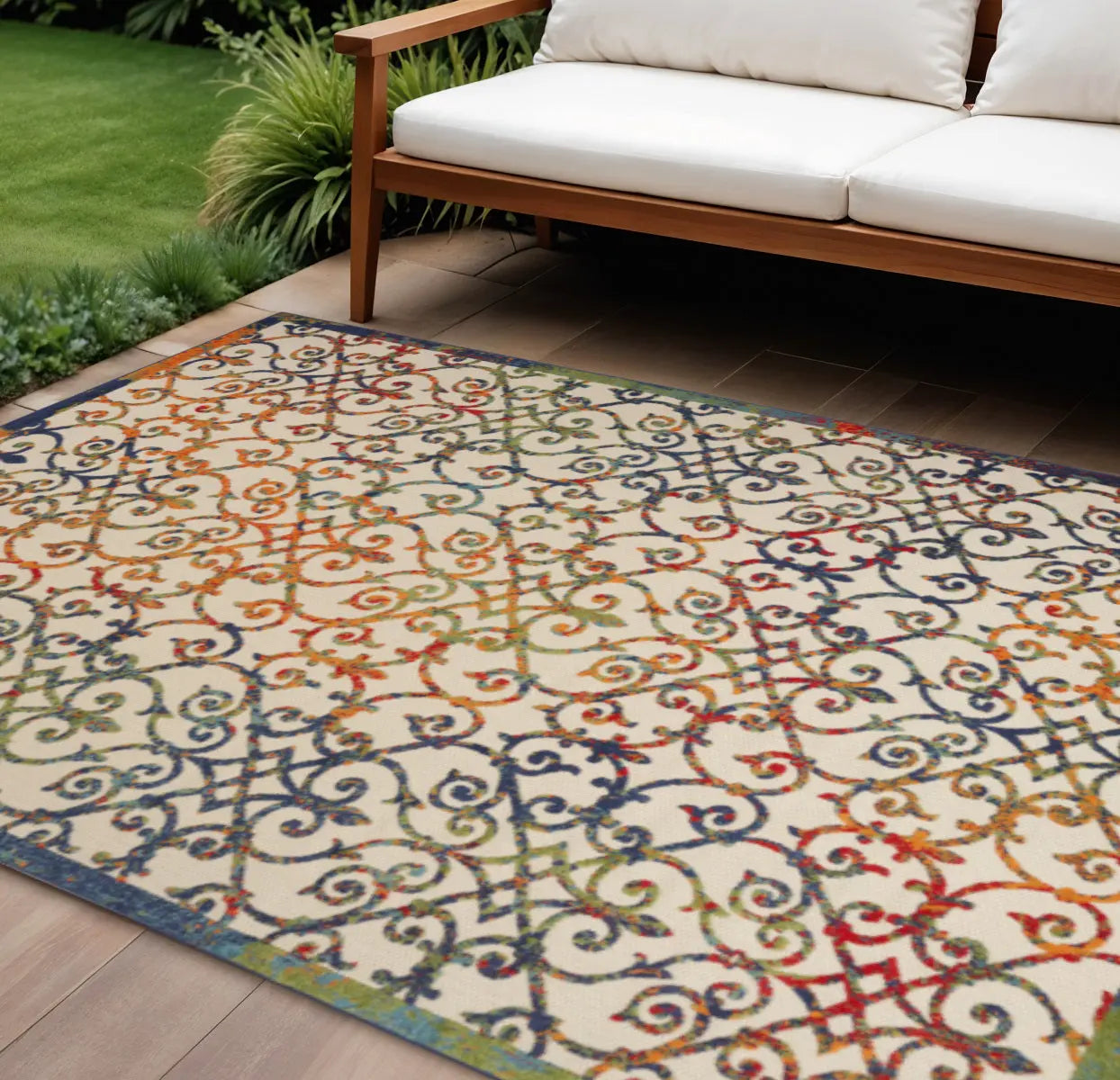 8' X 11' Ivory Blue Orange And Green Trellis Indoor Outdoor Area Rug Homeroots Outdoor