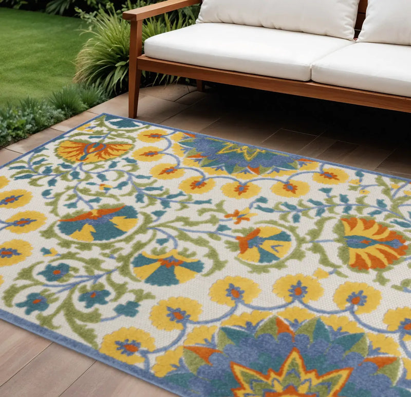 8' X 11' Ivory Blue Yellow And Orange Floral Indoor Outdoor Area Rug Homeroots Outdoor