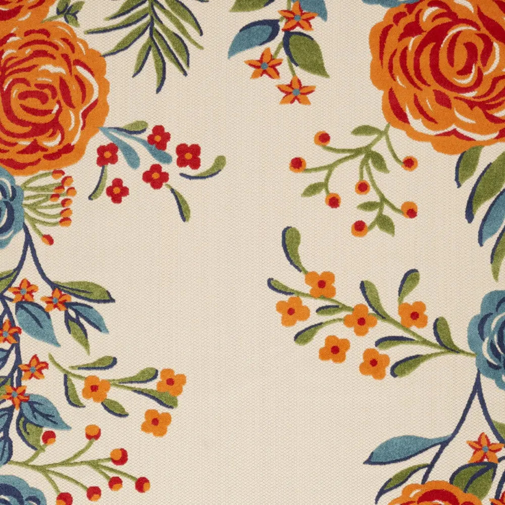 8' X 11' Ivory Blue and Orange Floral Non Skid Indoor Outdoor Area Rug Homeroots Outdoor