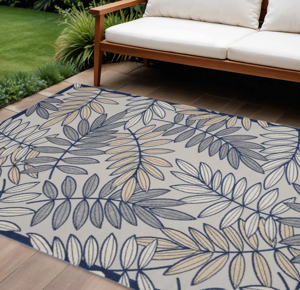 8' X 11' Navy Blue And Ivory Botanical Leaves Indoor Outdoor Area Rug Homeroots Outdoor