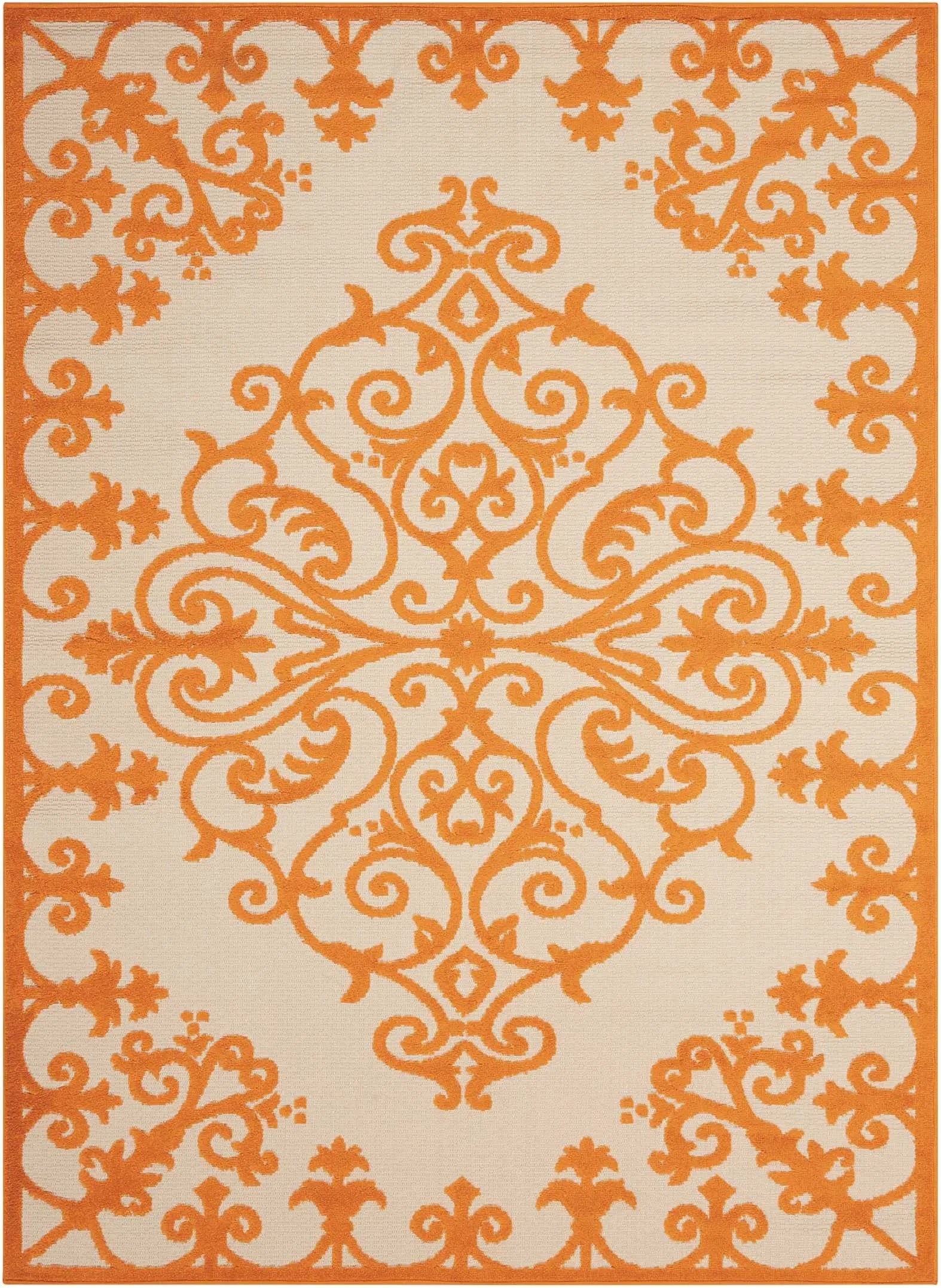 8' X 11' Orange And Ivory Damask Indoor Outdoor Area Rug - GreatEagleInc