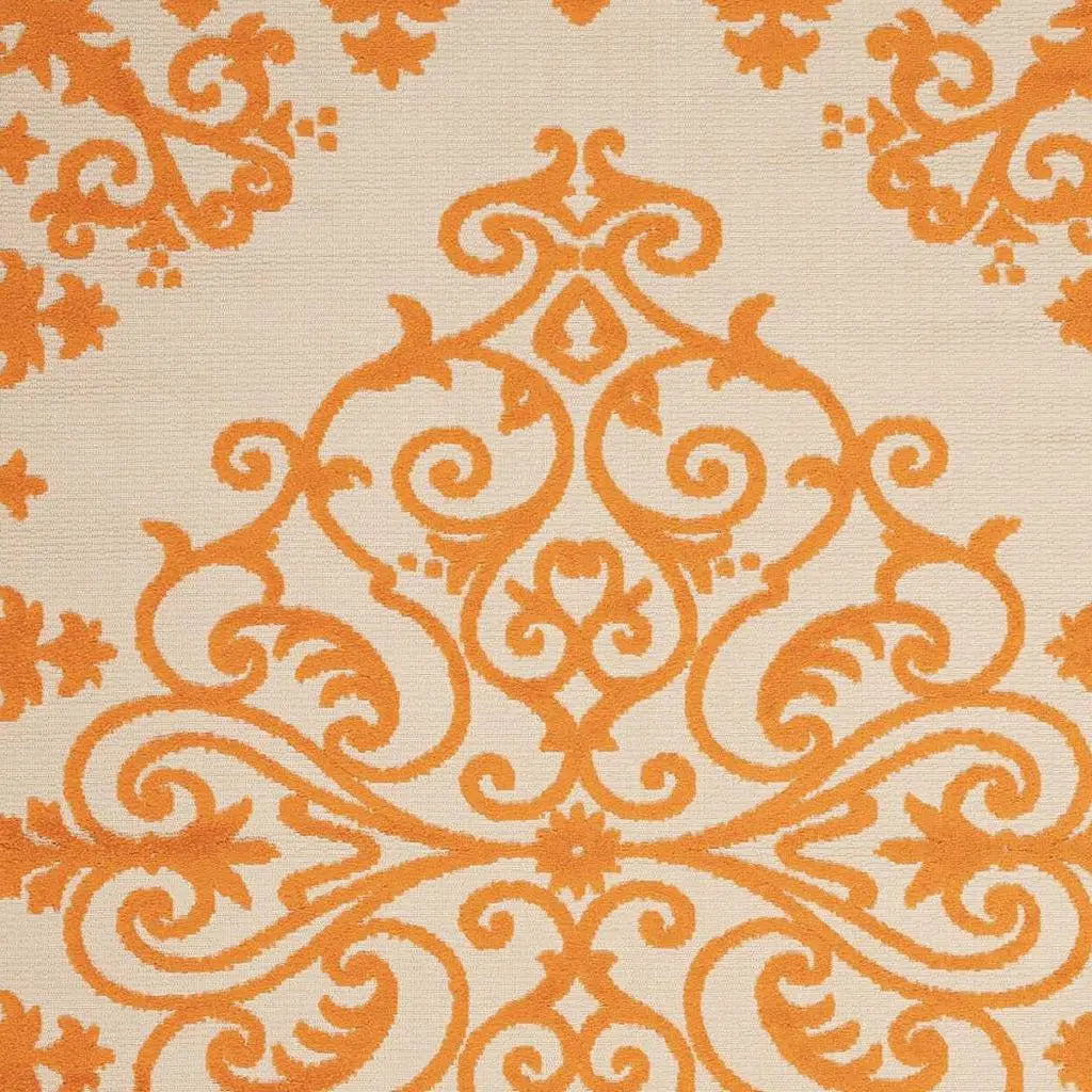 8' X 11' Orange And Ivory Damask Indoor Outdoor Area Rug - GreatEagleInc