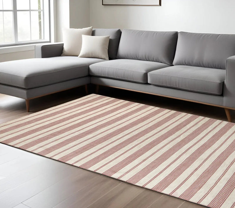 8' X 11' Red and Ivory Striped Hand Woven Area Rug Homeroots Outdoor