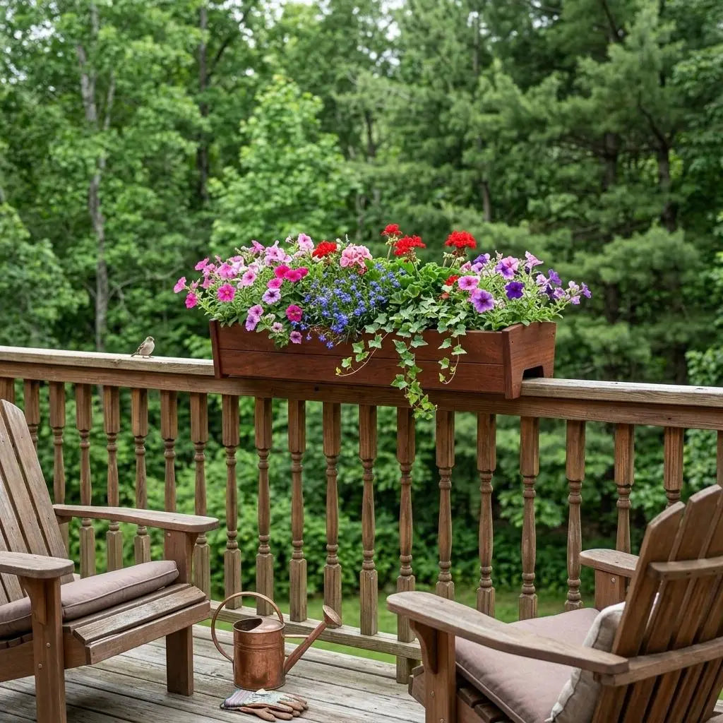 Wooden balcony planter box overflowing with vibrant red, purple, and blue petunias, set against a lush green backdrop.