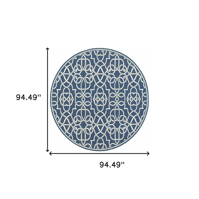 8' X 8' Blue and Ivory Round Geometric Stain Resistant Indoor Outdoor Area Rug Homeroots Outdoor