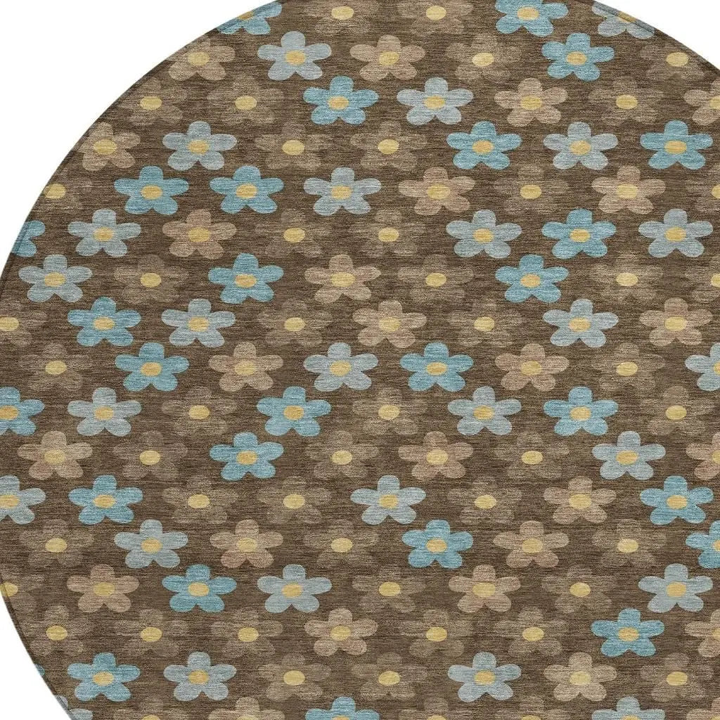 8' X 8' Chocolate And Brown Round Floral Washable Indoor Outdoor Area Rug Homeroots Outdoor