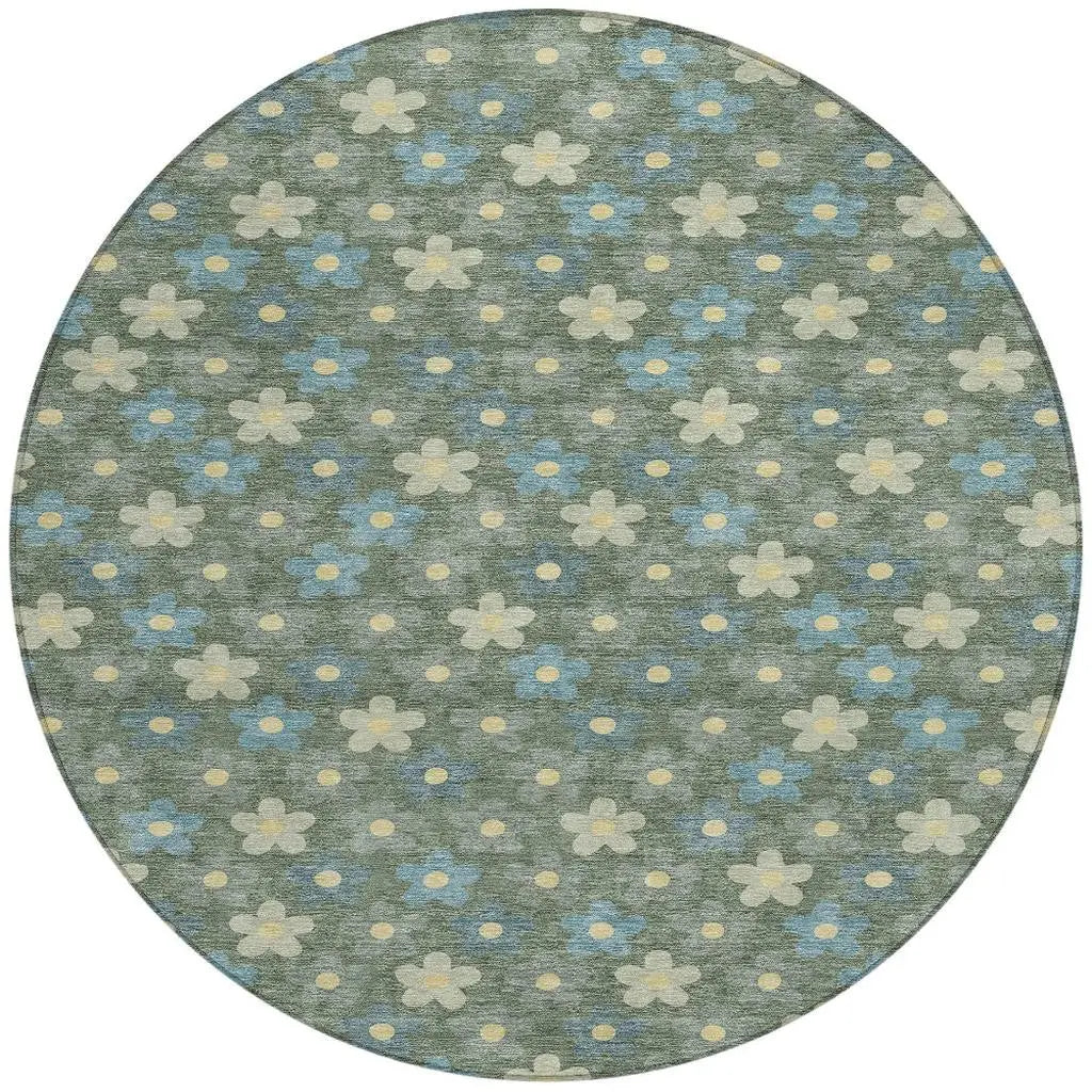 8' X 8' Green And Sage Round Floral Washable Indoor Outdoor Area Rug Homeroots Outdoor