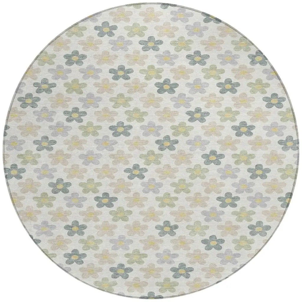 8' X 8' Ivory And Beige Round Floral Washable Indoor Outdoor Area Rug Homeroots Outdoor