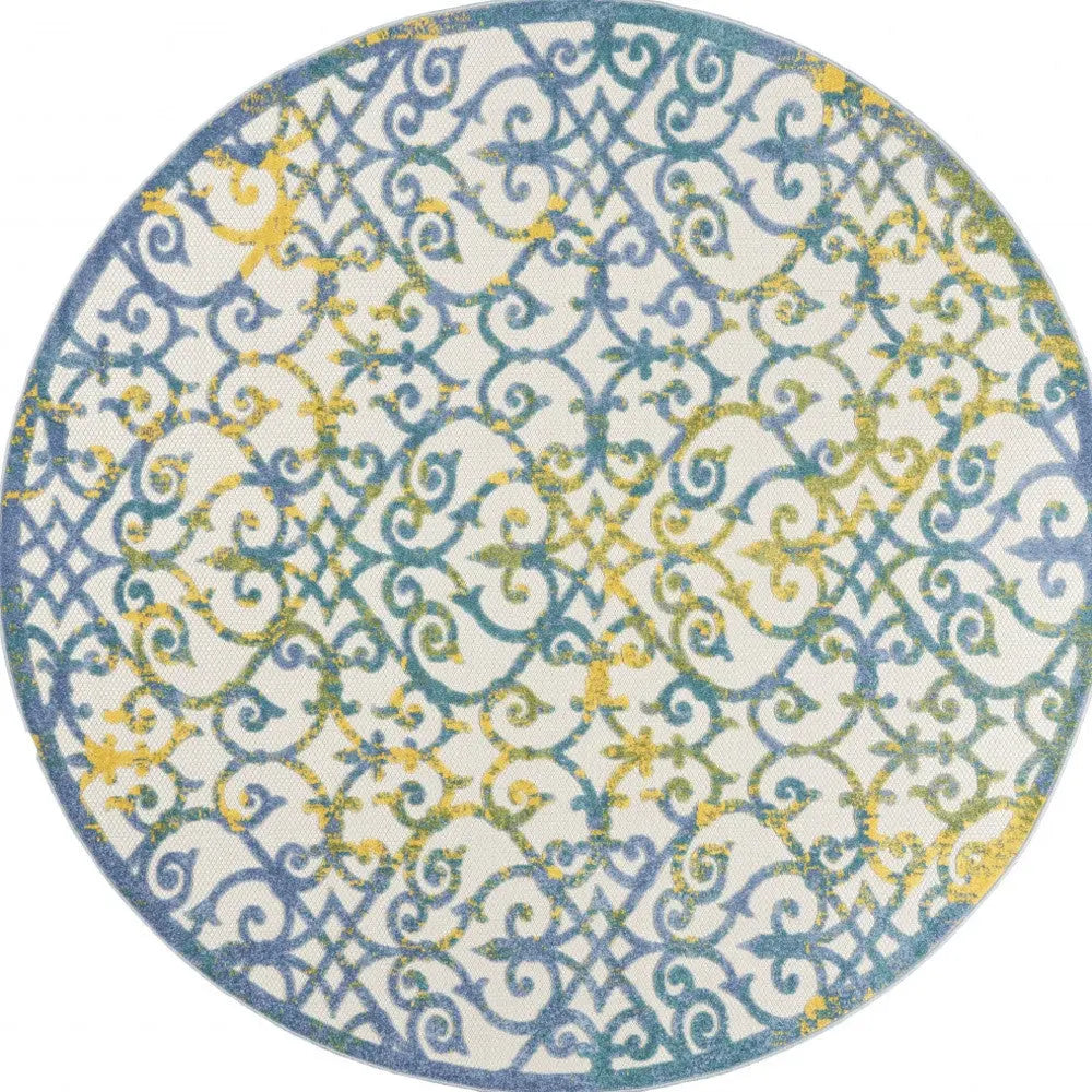 8' X 8' Ivory And Blue Round Indoor Outdoor Area Rug Homeroots Outdoor