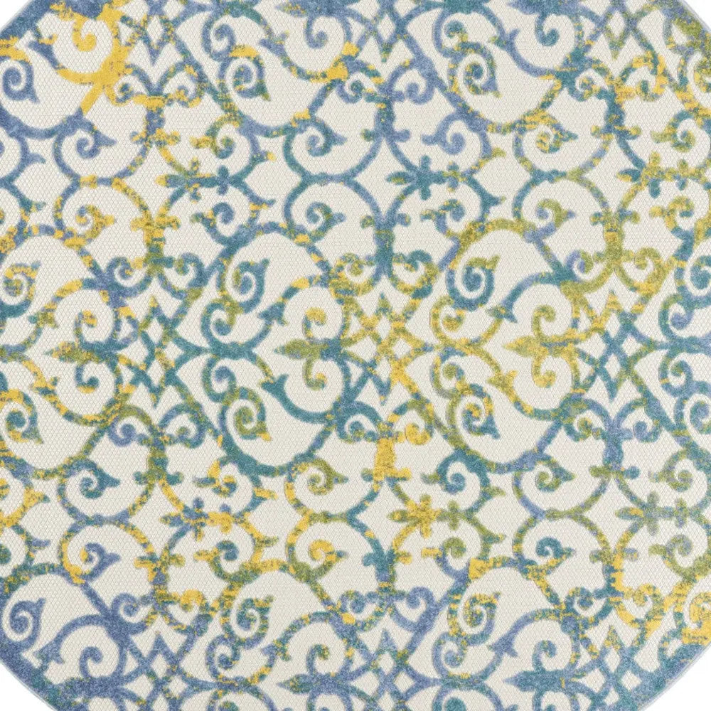 8' X 8' Ivory And Blue Round Indoor Outdoor Area Rug Homeroots Outdoor