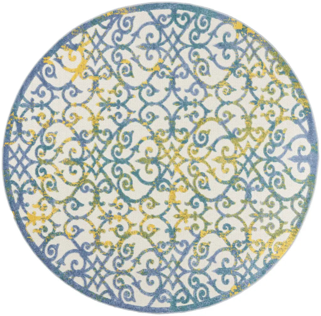 8' X 8' Ivory And Blue Round Indoor Outdoor Area Rug Homeroots Outdoor