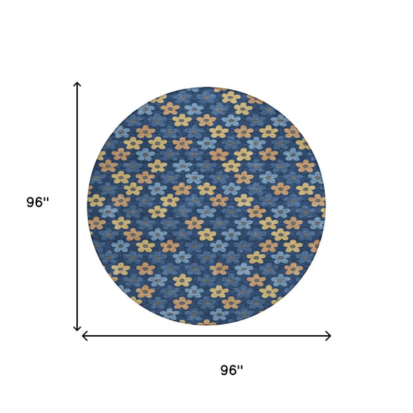8' X 8' Navy Blue And Copper Round Floral Washable Indoor Outdoor Area Rug Homeroots Outdoor