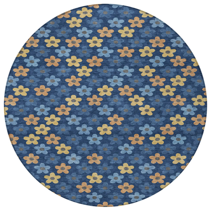 8' X 8' Navy Blue And Copper Round Floral Washable Indoor Outdoor Area Rug Homeroots Outdoor
