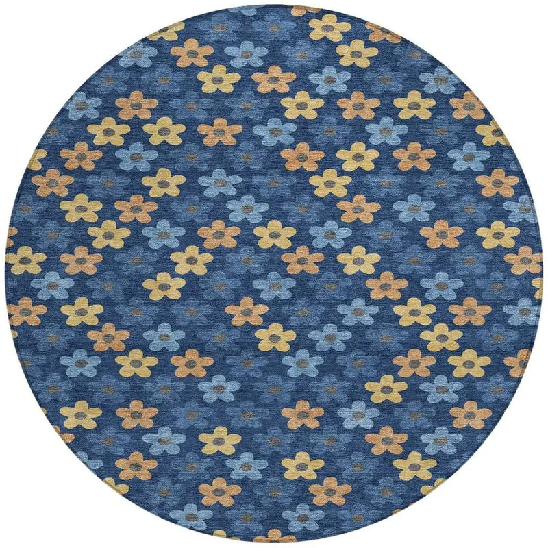 8' X 8' Navy Blue And Copper Round Floral Washable Indoor Outdoor Area Rug Homeroots Outdoor