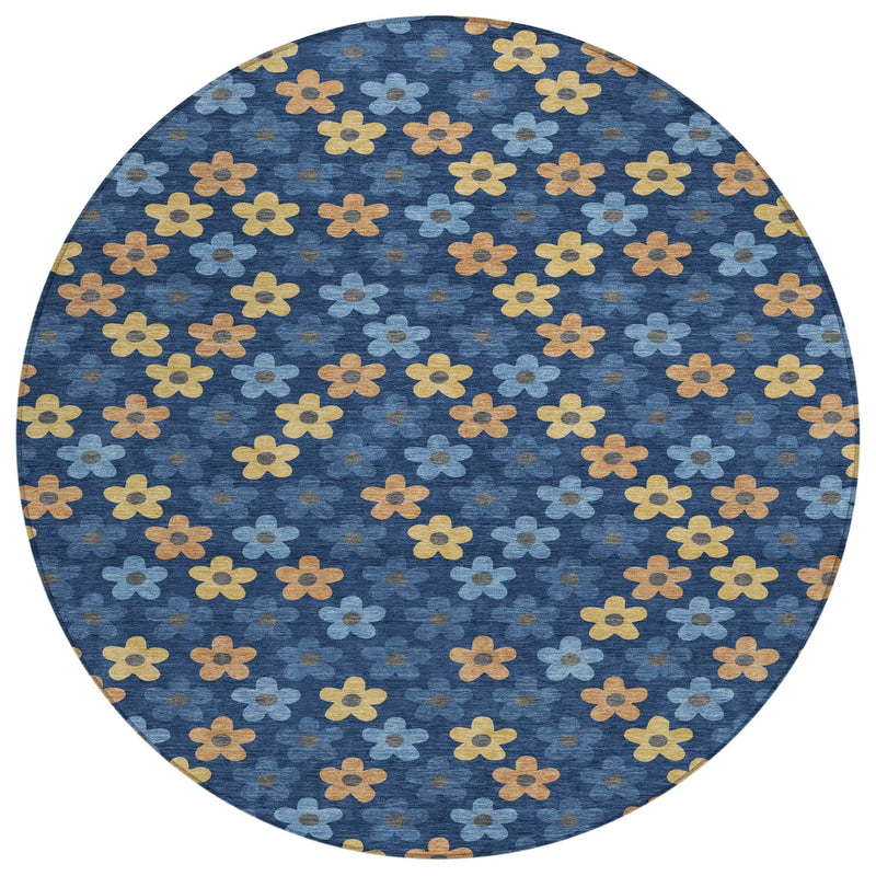 8' X 8' Navy Blue And Copper Round Floral Washable Indoor Outdoor Area Rug Homeroots Outdoor