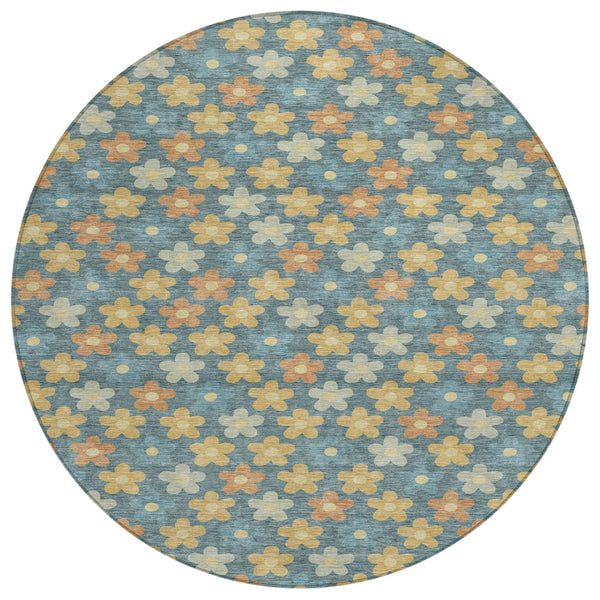 8' X 8' Teal Blue And Copper Round Floral Washable Indoor Outdoor Area Rug Homeroots Outdoor
