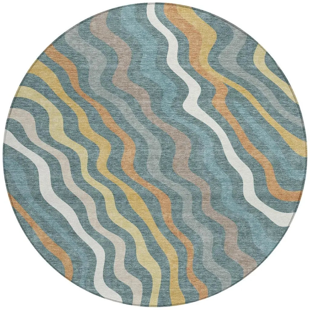 8' X 8' Teal Blue And Taupe Round Abstract Washable Indoor Outdoor Area Rug Homeroots Outdoor